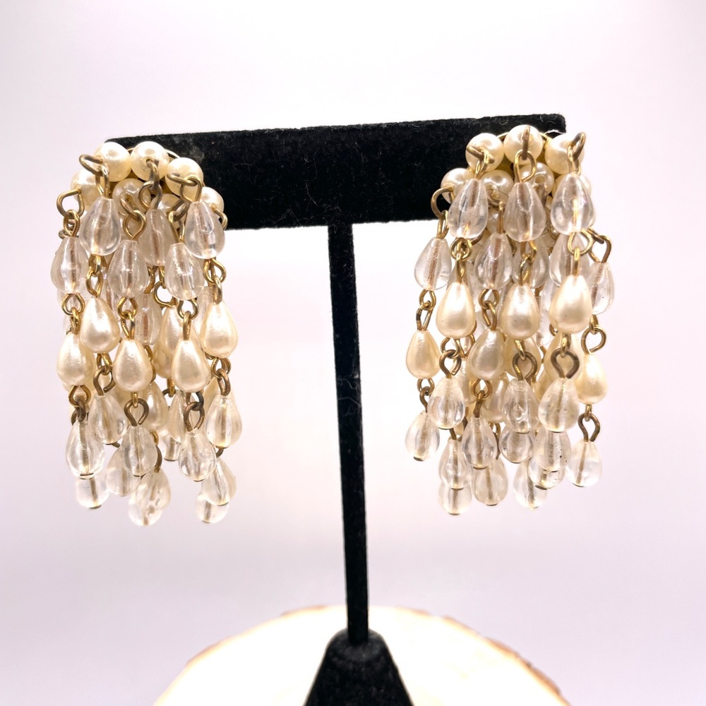 Pierced Chandelier Earrings Faux Pearl Lucite Bead Dangle Waterfall